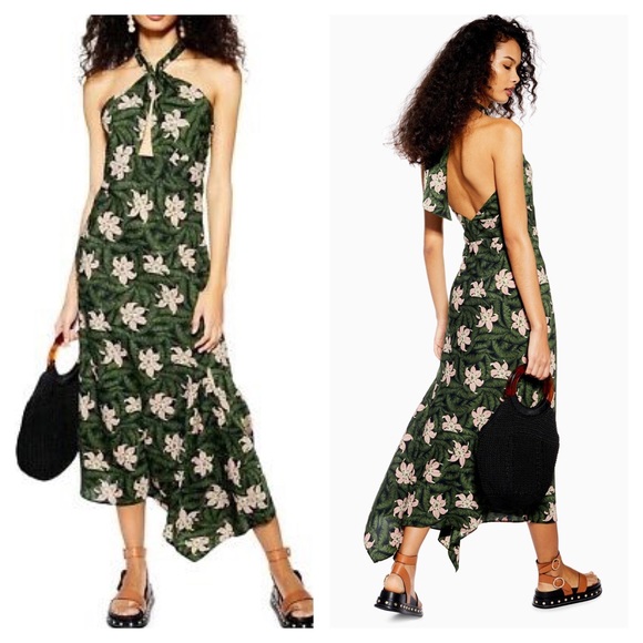 NWT Topshop Hibiscus Floral Halter Neck Midi Dress Green and Pink Size 12 - Picture 1 of 9